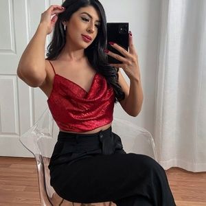 Red Cowl Neck Crop Top-Zara